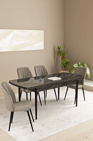 Floryn MDF Siyah Mermer Desen Açılabilir 80x132 Cm 4 Sandalyeli Mutfak Masası Takımı