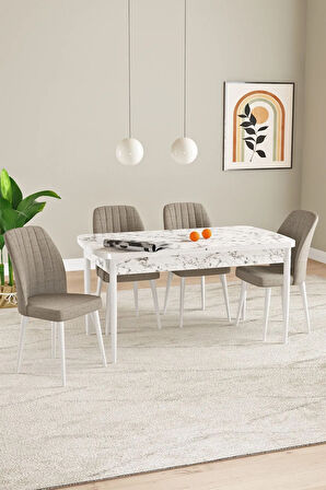 Laris Beyaz Mermer Desen 80 X 132 Açılabilir MDF Mutfak Masa Takımı 4 Sandalye