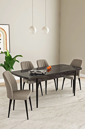 Laris Siyah Mermer Desen 80 X 132 Açılabilir MDF Mutfak Masa Takımı 4 Sandalye