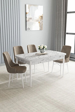 Arvela Beyaz Mermer Desen 80x132 MDF Açılabilir Mutfak Masası Takımı 4  Sandalye