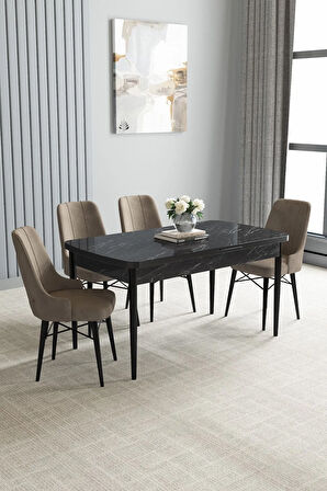 Arvela Siyah Mermer Desen 80x132 MDF Açılabilir Mutfak Masası Takımı 4  Sandalye