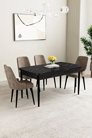 Mabel Siyah Mermer Desen 80x132 MDF Açılabilir Mutfak Masası Takımı 4  Sandalye