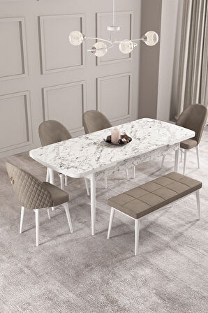 Calvin Beyaz Mermer 80x132 Açılabilir Mdf Masa Yemek Odası Takımı, Mutfak Takımı 4 Sandalye, 1 Bnch 
