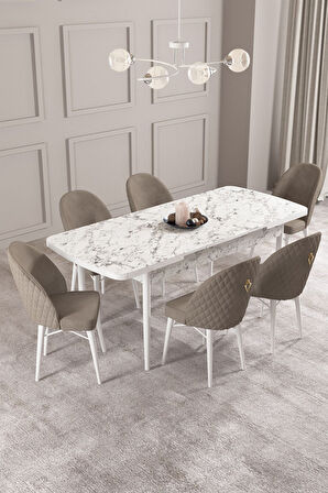 ​​​​​​​Calvin Beyaz Mermer Desen 80x132 Açılabilir Mdf Masa Yemek Odası Takımı, Mutfak Takımı 6 Adet