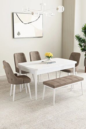 Clara Beyaz 80x132 Açılabilir Mdf Masa Yemek Odası Takımı,Mutfak Takımı 4 Sandalye 1 Bench