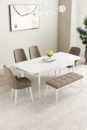 Clara Beyaz 80x132 Açılabilir Mdf Masa Yemek Odası Takımı,Mutfak Takımı 4 Sandalye 1 Bench