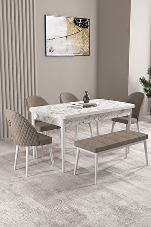 Milas Beyaz Mermer 80x132 Açılabilir Mdf Masa Yemek Odası Takımı, Mutfak Takımı 4 Sandalye, 1 Bench