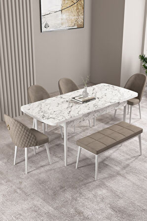 Milas Beyaz Mermer 80x132 Açılabilir Mdf Masa Yemek Odası Takımı, Mutfak Takımı 4 Sandalye, 1 Bench