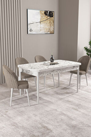 Milas Beyaz Mermer Desen 80x132 Açılabilir Mdf Masa Yemek Odası Takımı, Mutfak Takımı 4 Sandalye