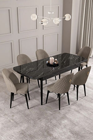 Arya Siyah Mermer Desen 80x132 MDF Açılabilir Mutfak Masası Takımı 6  Sandalye