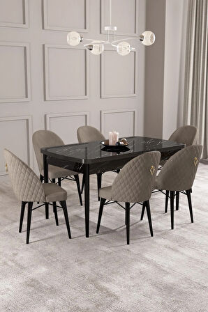 Arya Siyah Mermer Desen 80x132 MDF Açılabilir Yemek Masası Takımı 6  Sandalye