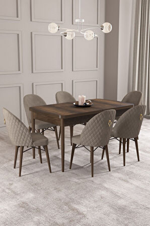 Calvin Barok Desen 80x132 Açılabilir Mdf Masa Yemek Odası Takımı, Mutfak Takımı 6 Adet Sandalye