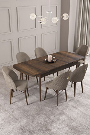 Calvin Barok Desen 80x132 Açılabilir Mdf Masa Yemek Odası Takımı, Mutfak Takımı 6 Adet Sandalye