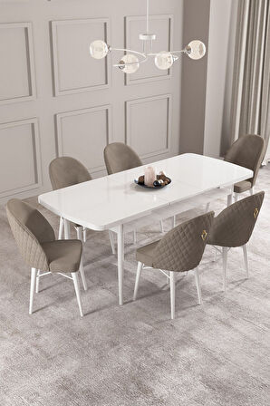 Calvin Beyaz 80x132 Açılabilir Mdf Masa Yemek Odası Takımı, Mutfak Takımı 6 Adet Sandalye