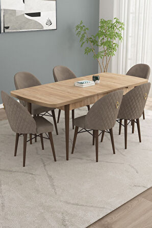 Calvin Meşe Desen 80x132 Açılabilir Mdf Masa Yemek Odası Takımı, Mutfak Takımı 6 Adet Sandalye