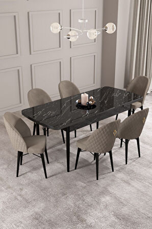 ​​​​​​​Calvin Siyah Mermer Desen 80x132 Açılabilir Mdf Masa Yemek Odası Takımı, Mutfak Takımı 6 Adet