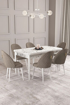 Calvin Beyaz Mermer Desen 80x132 MDF Açılabilir Mutfak Masası Takımı 6  Sandalye