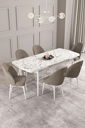 Calvin Beyaz Mermer Desen 80x132 MDF Açılabilir Mutfak Masası Takımı 6  Sandalye