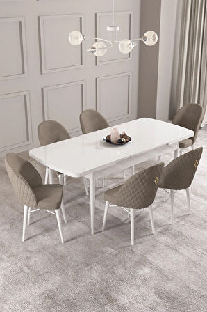 Calvin Beyaz 80x132 MDF Açılabilir Mutfak Masası Takımı 6  Sandalye