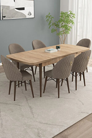 Calvin Meşe Desen 80x132 MDF Açılabilir Mutfak Masası Takımı 6  Sandalye