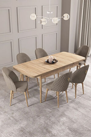 Calvin Meşe Desen 80x132 MDF Açılabilir Mutfak Masası Takımı 6  Sandalye