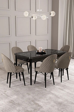 Calvin Siyah Mermer Desen 80x132 MDF Açılabilir Mutfak Masası Takımı 6  Sandalye