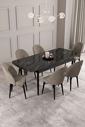 Calvin Siyah Mermer Desen 80x132 MDF Açılabilir Mutfak Masası Takımı 6  Sandalye