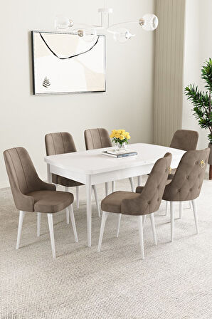 Mabel Beyaz 80x132 Açılabilir Mdf Masa Yemek Odası Takımı, Mutfak Takımı 6 Adet Sandalye