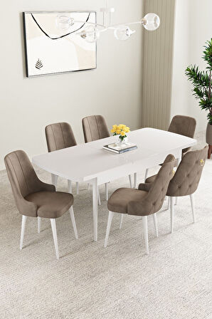 Mabel Beyaz 80x132 Açılabilir Mdf Masa Yemek Odası Takımı, Mutfak Takımı 6 Adet Sandalye