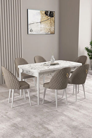 Milas Beyaz Mermer Desen 80x132 MDF Açılabilir Mutfak Masası Takımı 6  Sandalye