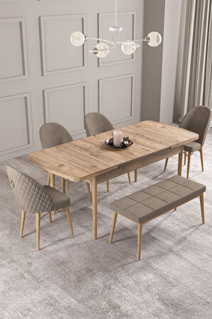 Calvin Atlantik 80x132 Açılabilir Mdf Masa Yemek Odası Takımı, Mutfak Takımı 4 Sandalye, 1 Bench