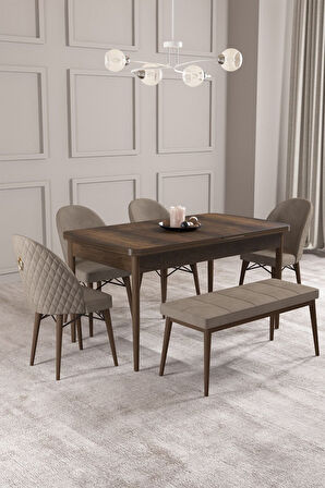 Calvin Barok 80x132 Açılabilir Mdf Masa Yemek Odası Takımı, Mutfak Takımı 4 Sandalye, 1 Bench