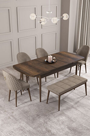 Calvin Barok 80x132 Açılabilir Mdf Masa Yemek Odası Takımı, Mutfak Takımı 4 Sandalye, 1 Bench