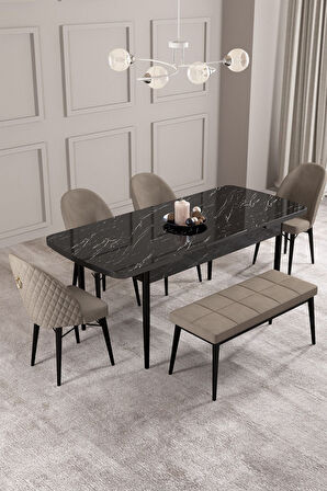 Calvin Siyah Mermer 80x132 Açılabilir Mdf Masa Yemek Odası Takımı, Mutfak Takımı 4 Adet Sandalye, 1 