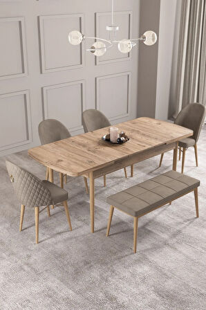 Calvin Atlantik 80x132 MDF Açılabilir Mutfak Masası Takımı 4 Sandalye, 1 Bench