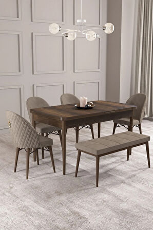 Calvin Barok Desen 80x132 MDF Açılabilir Mutfak Masası Takımı 4 Sandalye, 1 Bench