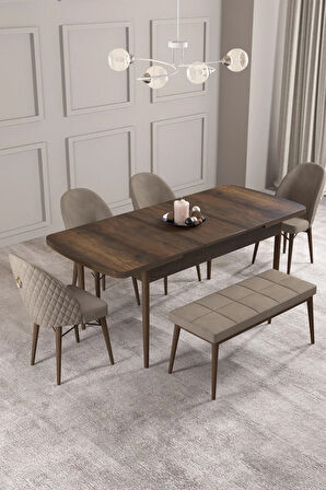 Calvin Barok Desen 80x132 MDF Açılabilir Mutfak Masası Takımı 4 Sandalye, 1 Bench