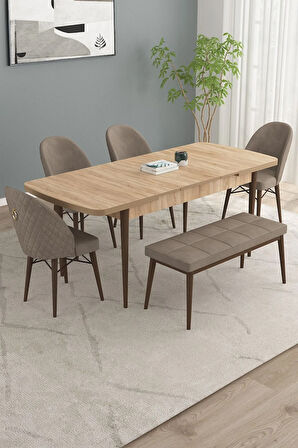 Calvin Meşe Desen 80x132 MDF Açılabilir Mutfak Masası Takımı 4 Sandalye, 1 Bench
