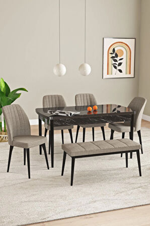 Elis Siyah Mermer Desen 80x132 Açılabilir Masa Takımı 4 Sandalye, 1 Bench