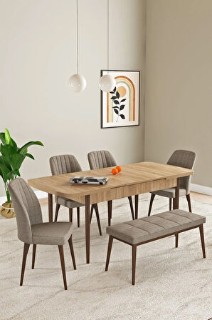 Elis Meşe Desen 80x132 Açılabilir Yemek Odası Takımı 4 Sandalye, 1 Bench
