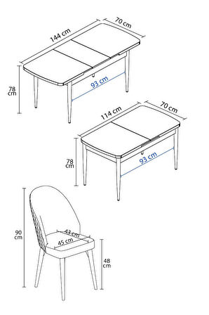 Elis Siyah Mermer Desen 80x132 Açılabilir Yemek Odası Takımı 4 Sandalye, 1 Bench