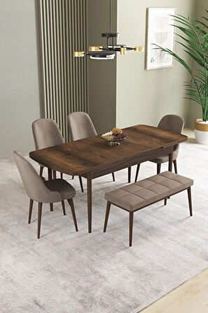 Ikon Barok Desen 80x132 MDF Açılabilir Mutfak Masası Takımı 4 Sandalye, 1 Bench