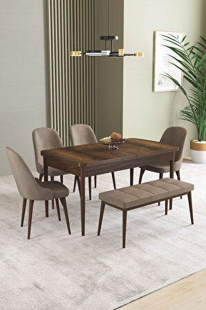 Ikon Barok Desen 80x132 Açılabilir Mdf Masa Yemek Odası Takımı, Mutfak Takımı 4 Sandalye, 1 Bench