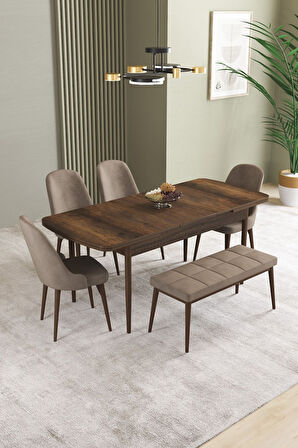 Ikon Barok Desen 80x132 Açılabilir Mdf Masa Yemek Odası Takımı, Mutfak Takımı 4 Sandalye, 1 Bench