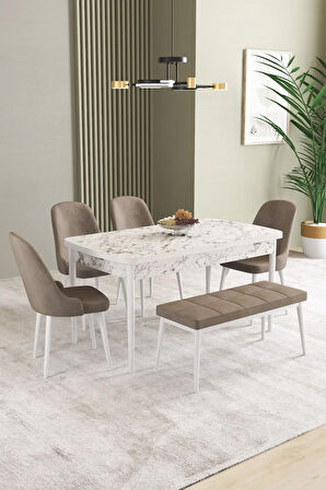Ikon Beyaz Mermer Desen 80x132 MDF Açılabilir Yemek Masası Takımı 4 Sandalye, 1 Bench