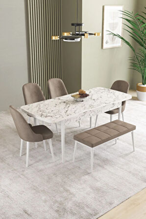 Ikon Beyaz Mermer Desen 80x132 MDF Açılabilir Yemek Masası Takımı 4 Sandalye, 1 Bench