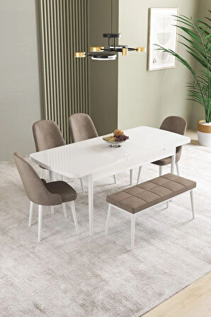 Ikon Beyaz 80x132 MDF Açılabilir Yemek Masası Takımı 4 Sandalye, 1 Bench