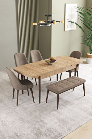 Ikon Meşe Desen 80x132 Açılabilir Mdf Masa Yemek Odası Takımı, Mutfak Takımı 4 Sandalye, 1 Bench