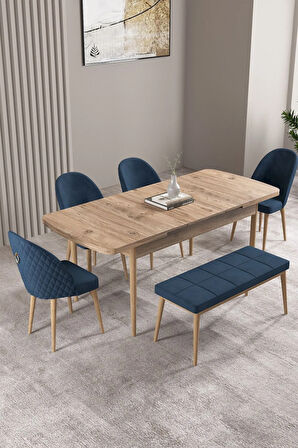 Ikon Meşe Desen 80x132 MDF Açılabilir Yemek Masası Takımı 4 Sandalye, 1 Bench