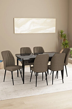 Ikon Siyah Mermer Desen 80x132 MDF Açılabilir Yemek Masası Takımı 4 Sandalye, 1 Bench